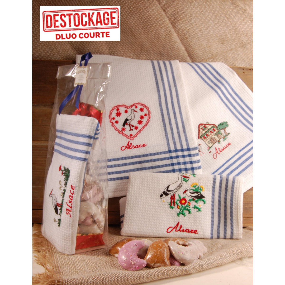 Torchon nid d'abeille Alsace bleu différents décors garni de pains d'épices 250G