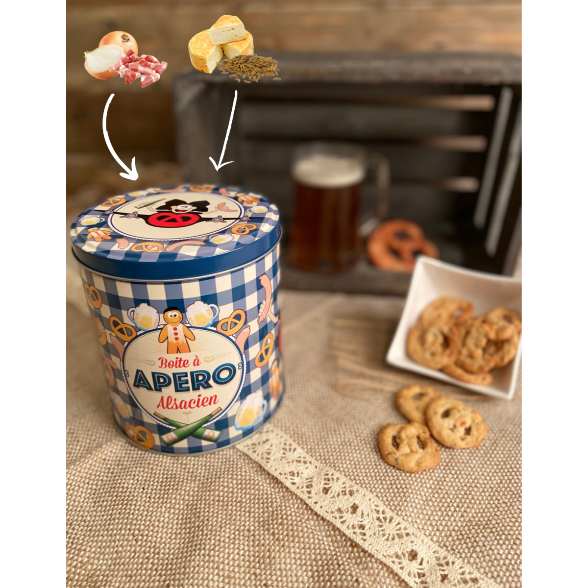 Boîte ronde décor APERO garnie de biscuits salés 300g