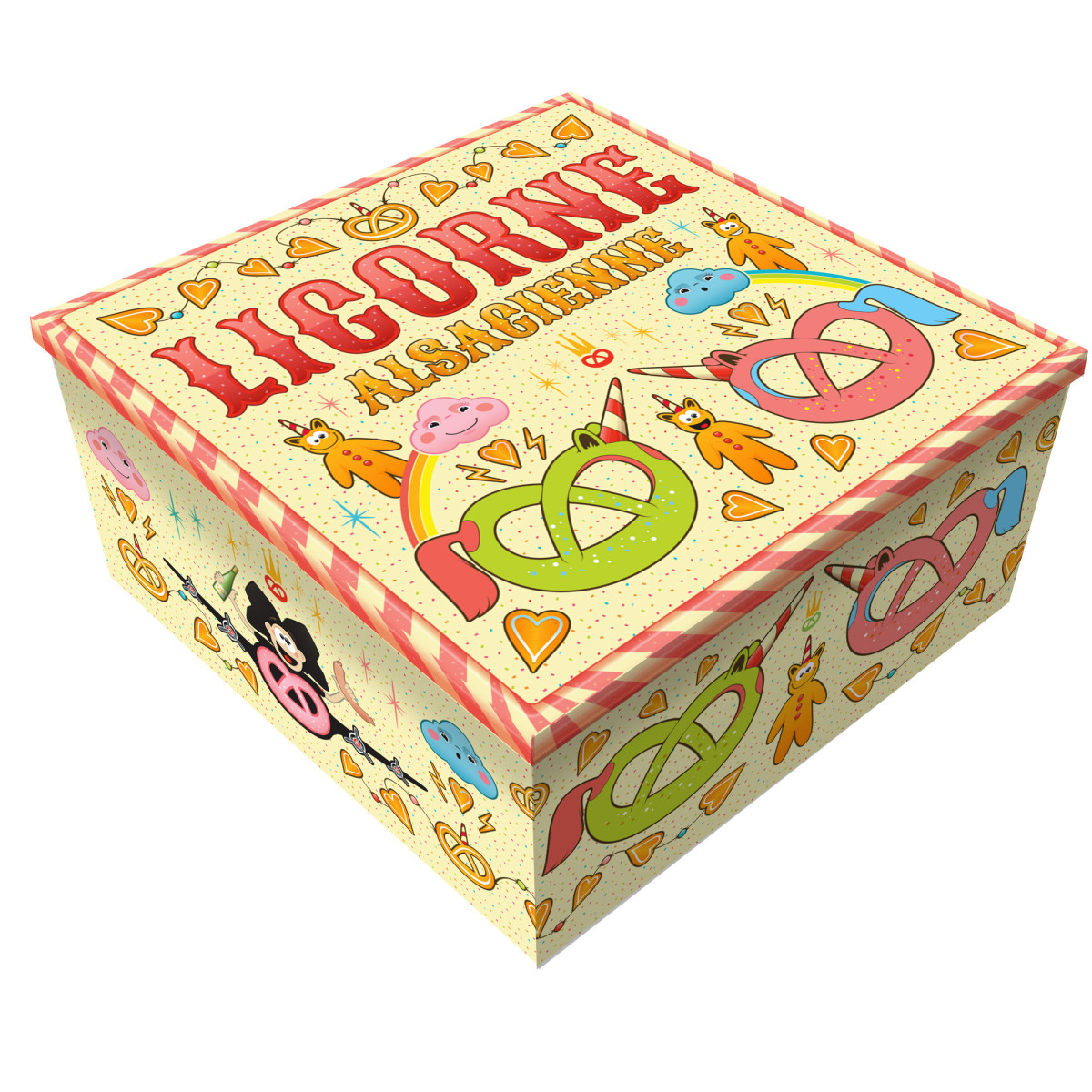 Boite carrée haute décor LICORNE garnie - Bretzel Airlines 600g
