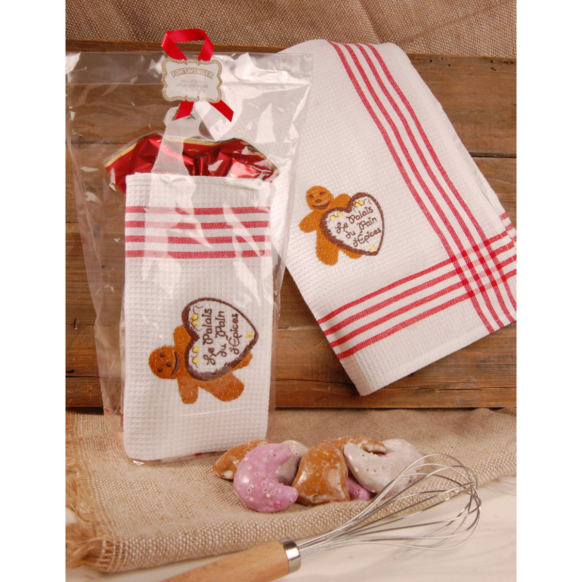 Torchon nid d'abeille rouge décor Palais du pain d'épices