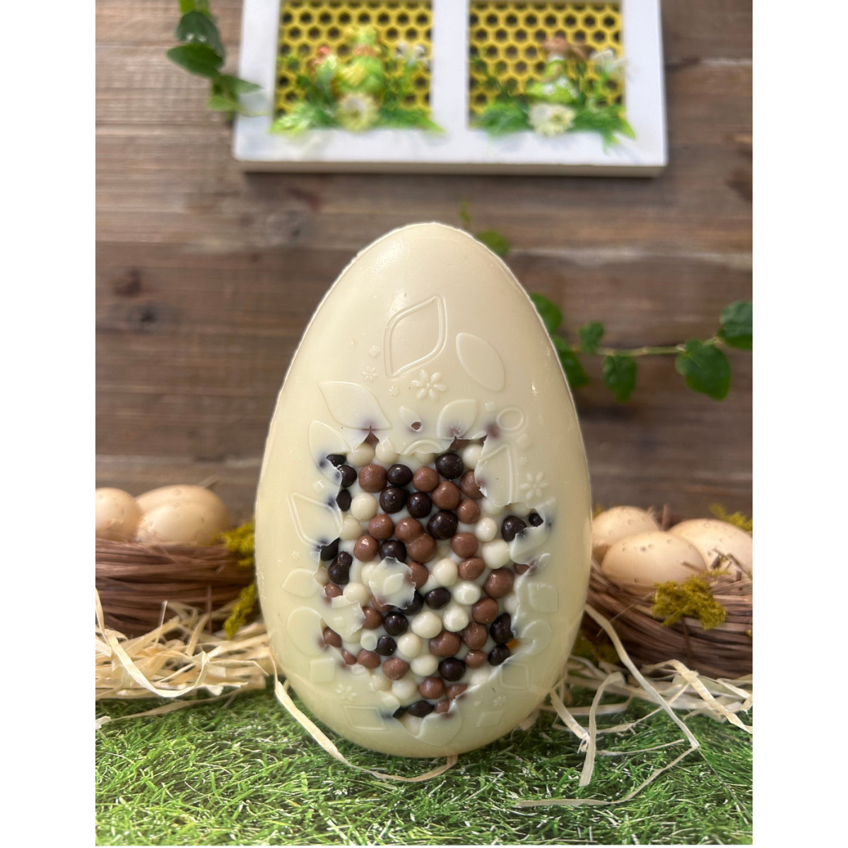 Œuf création perles 13 cm - Chocolat blanc 150g