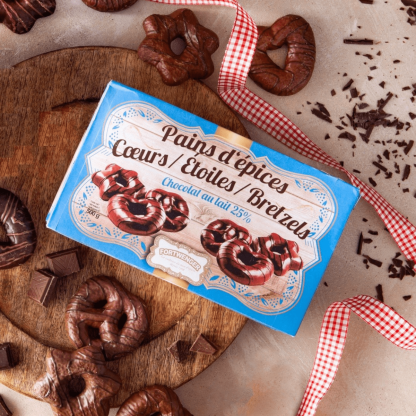 Boite Cœurs, Étoiles, Bretzels au chocolat au lait 500g