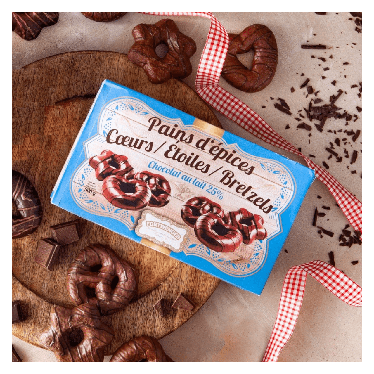 Boite Cœurs, Étoiles, Bretzels au chocolat au lait 500g